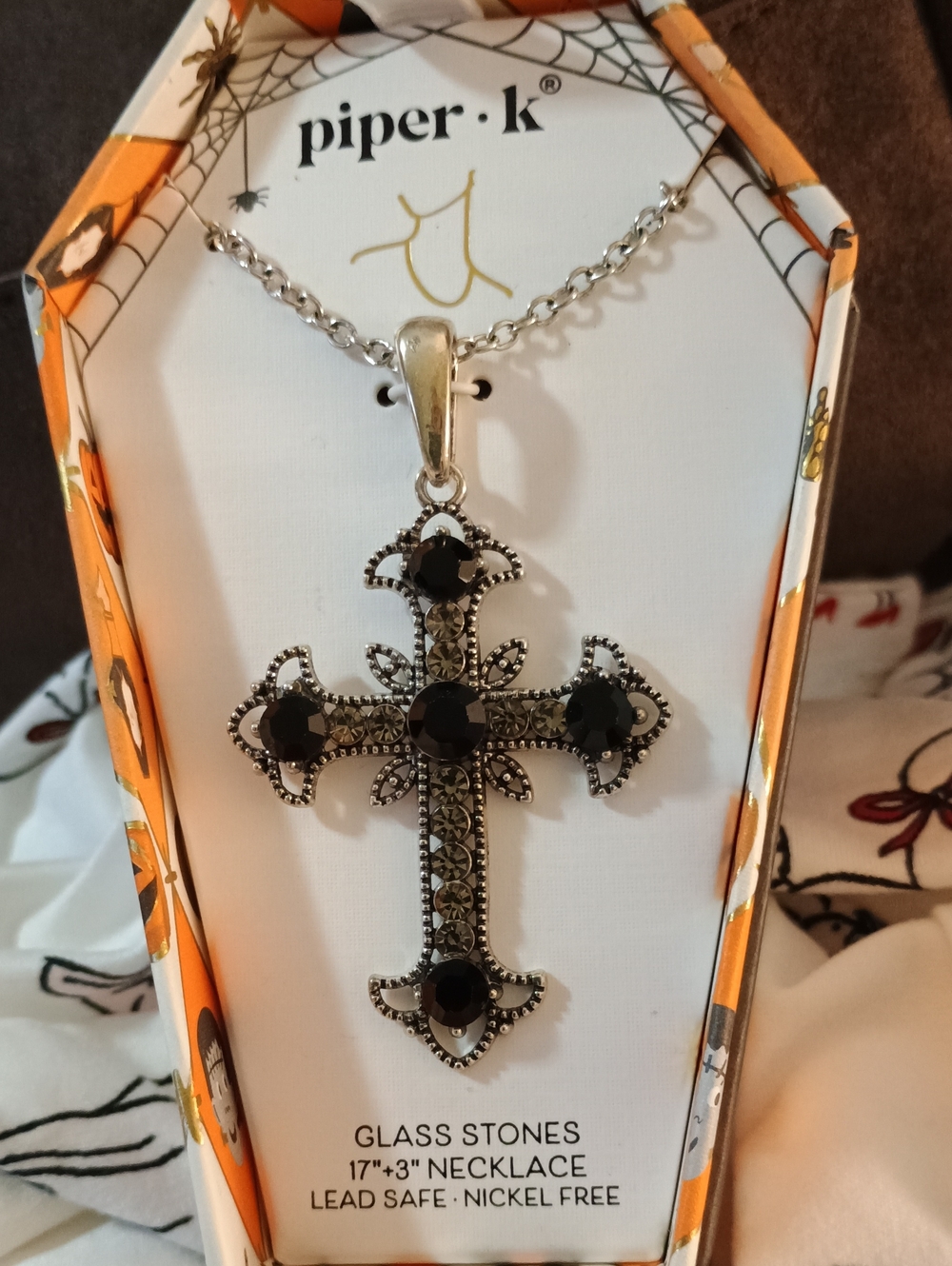Piper K Gothic Silver & Black Glass Stone Filigree Cross Pendant Necklace 17"+3